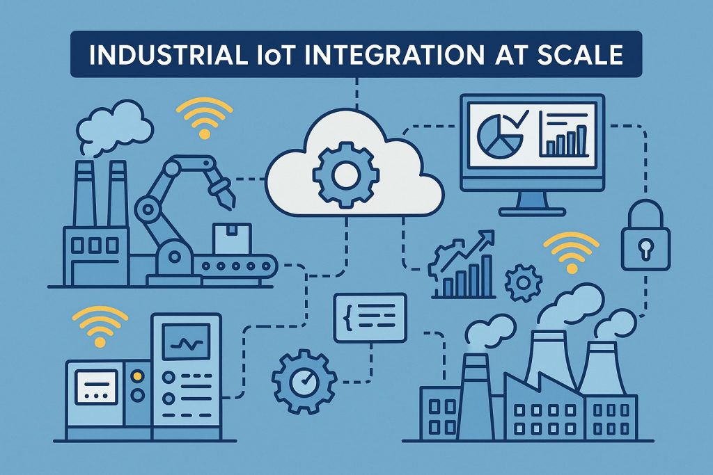 Illustration showing interconnected factory machines, cloud systems, sensors, and analytics dashboards — representing large-scale IIoT integration in smart manufacturing.