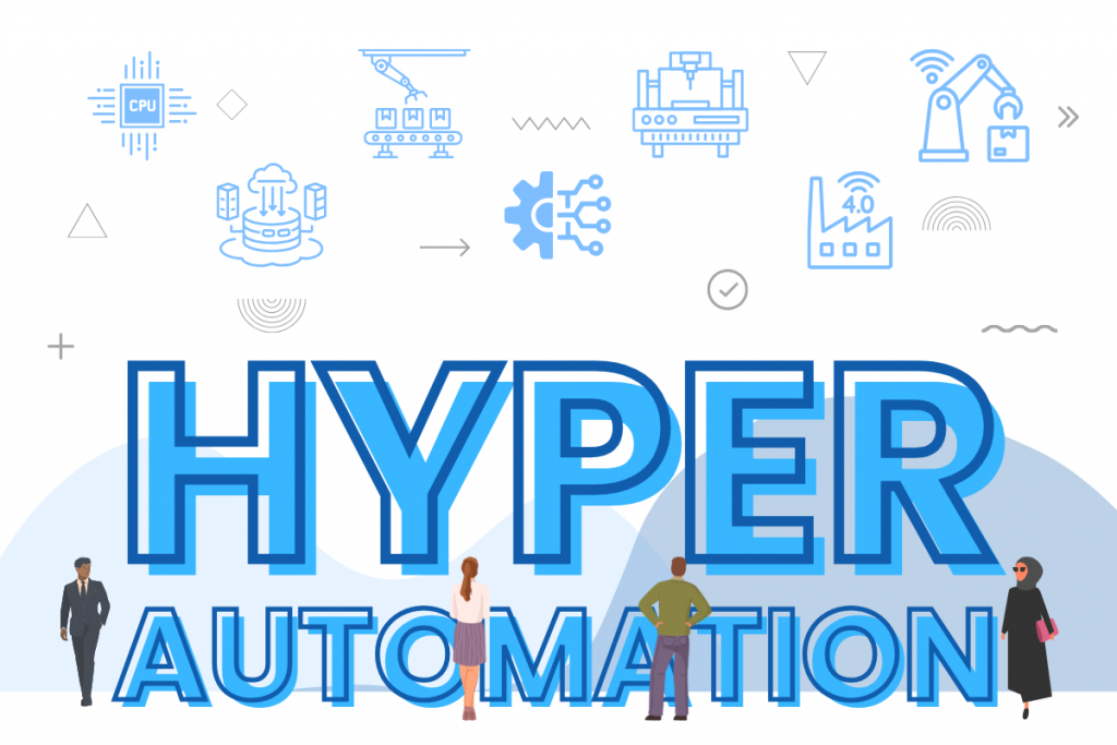 Illustration showing “Hyperautomation” with icons of AI, cloud computing, RPA, and smart factory technologies.