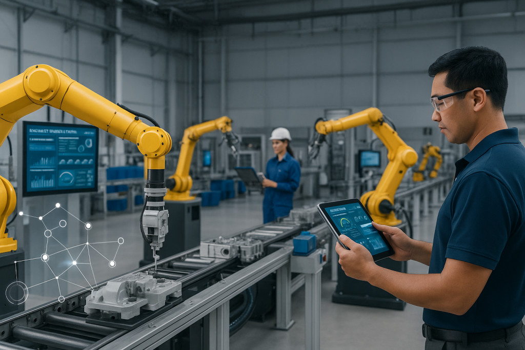 Modern smart factory with robotic arms and engineers operating automation systems, representing Malaysia’s Industry 4.0 transformation under the SIRIM Smart Tech-Up Grant.